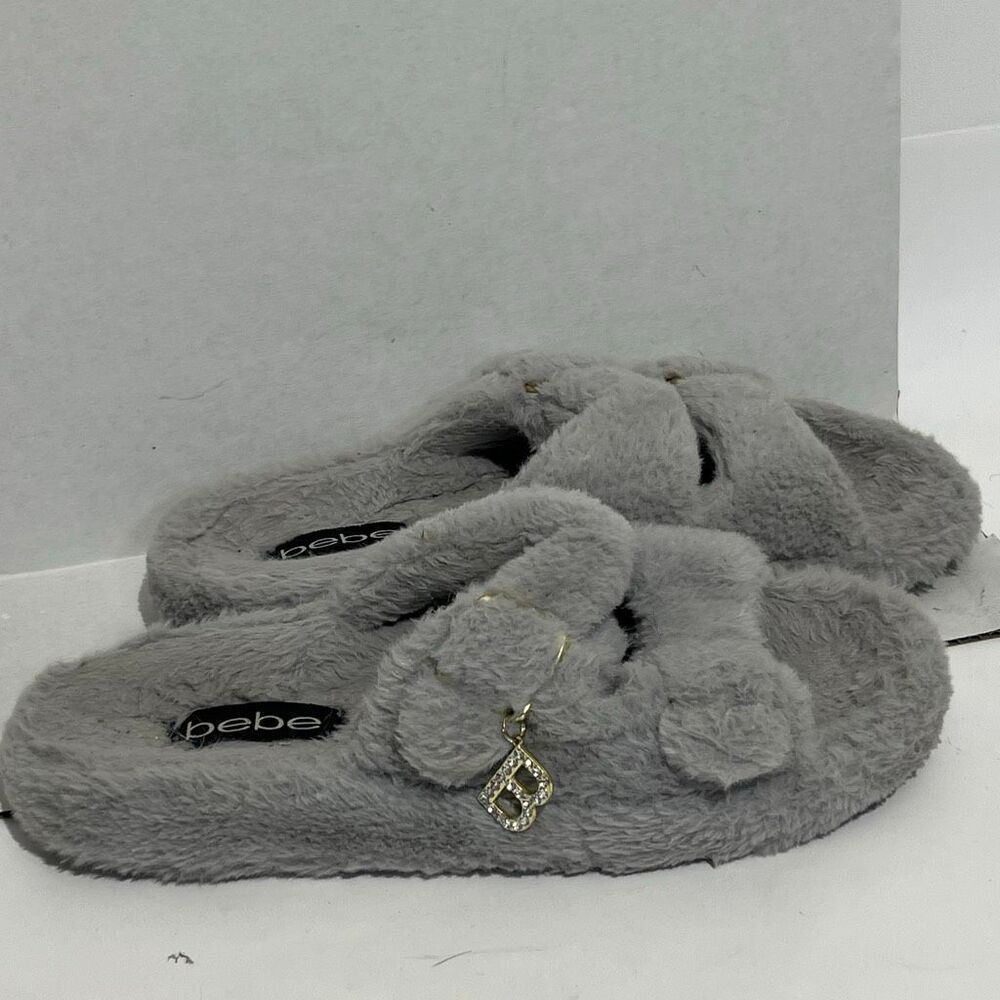BEBE Women's Gray Fluffy Open Toe Two Band Faux Fur Slides Slippers Size 10